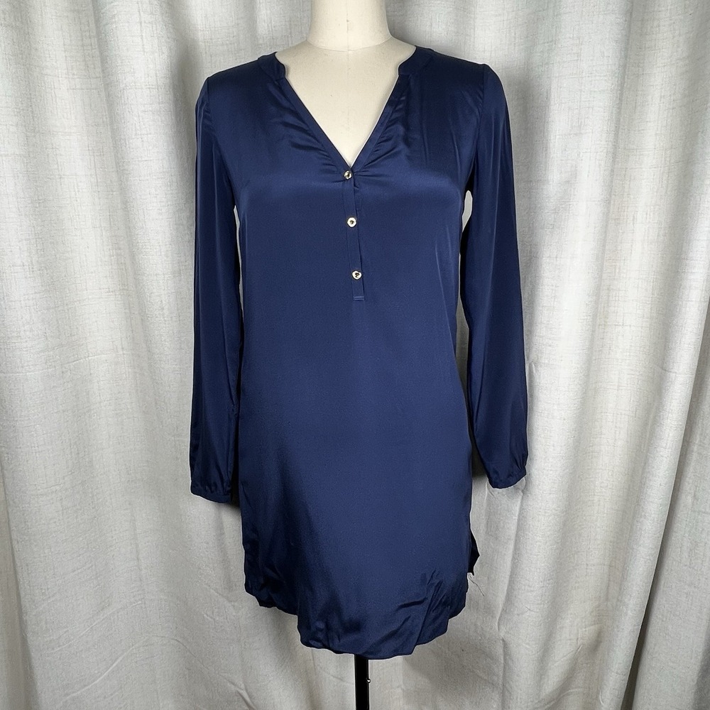Lilly‎ Pulitzer Delphine Stretch Silk True Navy Blue Mini Tunic Dress Size Small
